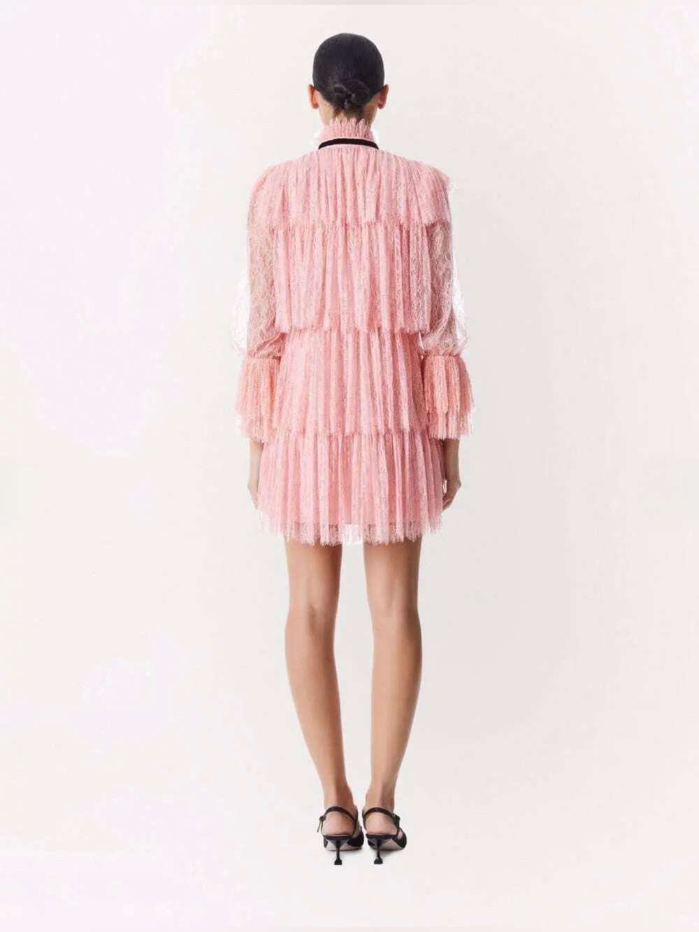 Alice + Olivia Sheer Tiered Lace Mini Dress in Blush Pink with Black Velvet Bow - Picture 3 of 13